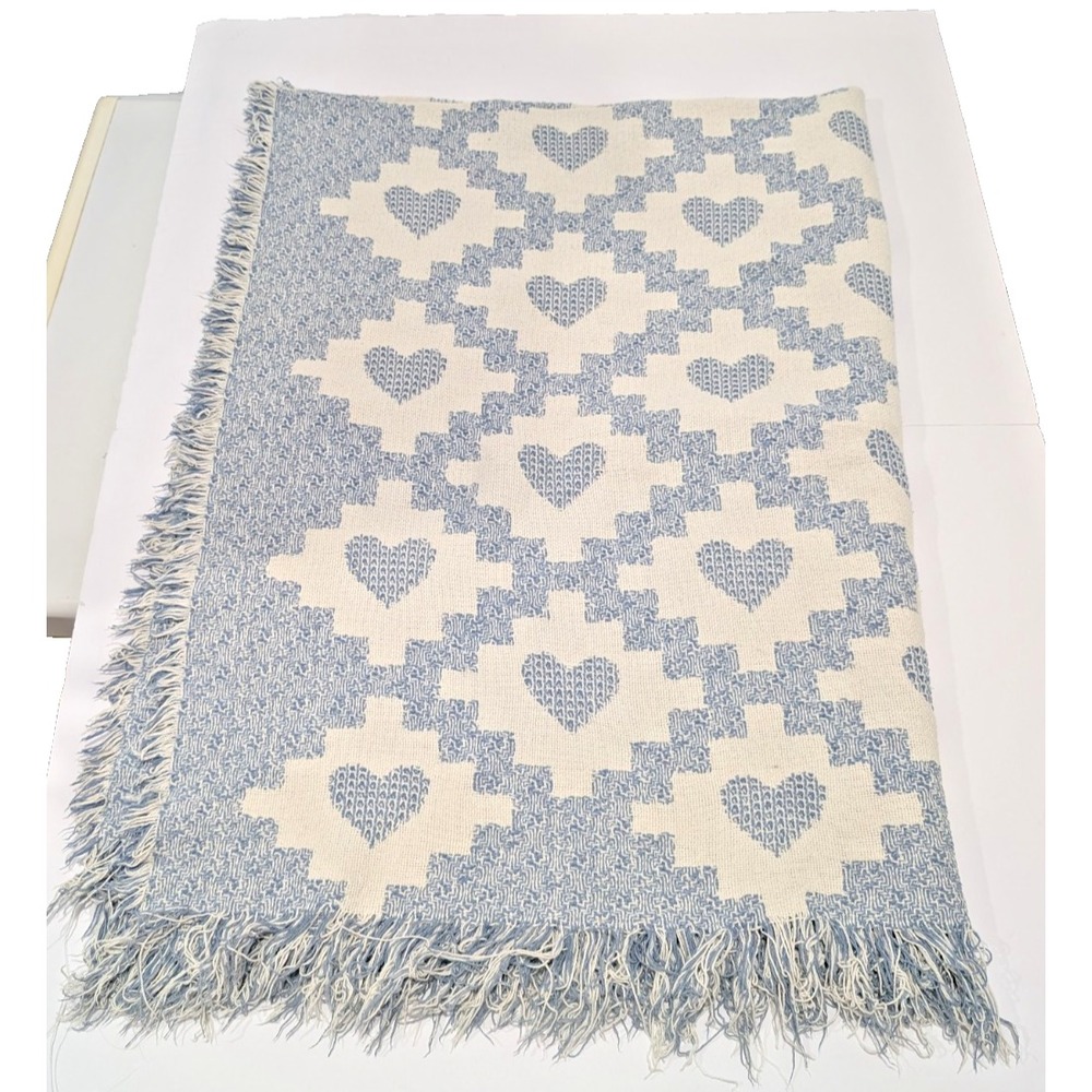 VTG 90s Woven Throw Blanket Blue Cream Heart Cottagecore Country Fringe 45x60